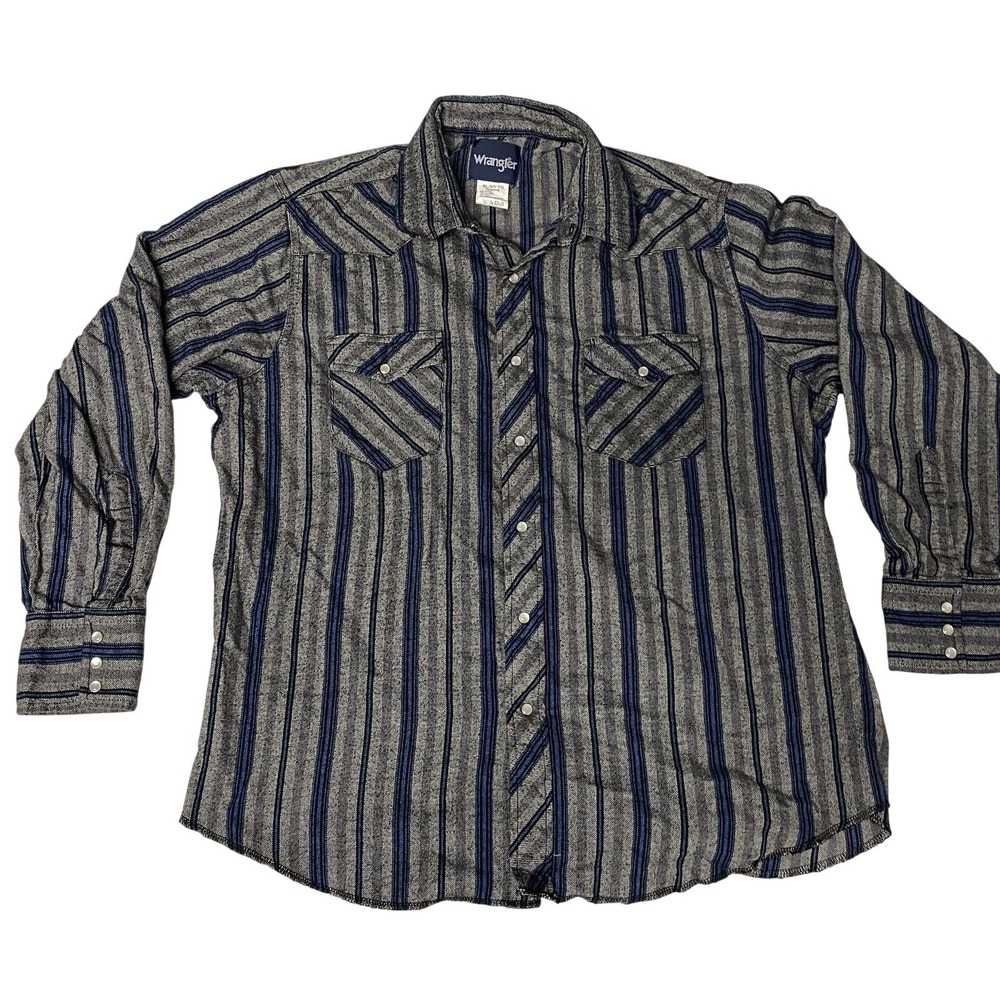 Wrangler Mens XL Western Snap Shirt Gray Blue Striped Pearl Snap Cowboy - Picture 1 of 10